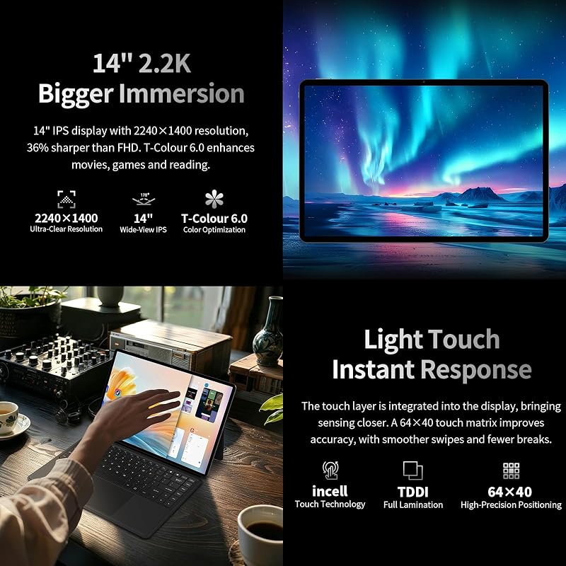 T70PRO Tablet 14" 2.2K Gaming Tablets Android 16, Helio G100 2.2GHz Octa-Core, 10000mAh/18W, 4G LTE Dual SIM 5GWiFi, 48GB+128GB+8TB TF, Mode PC, Widevine L1/GPS/13MP/Gemini AI Tablet con Penna
