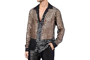 SEAUR Men's Sequin Button Down Shirt Sparkle Long Sleeve Tops Party Nightclub Wear
