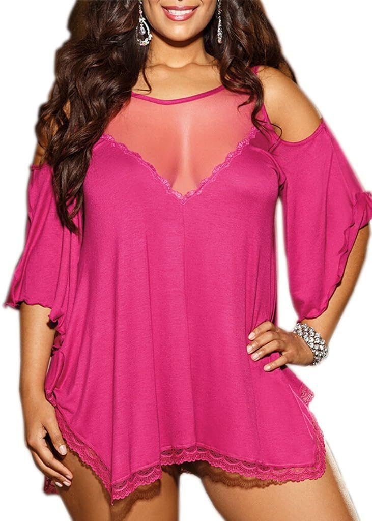 FENTI Women Plus Size Babydoll Jersey Knit Camisole Dress Lace Trim Lingerie