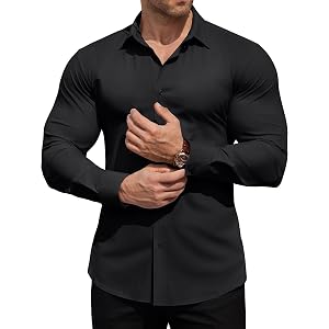 ROUWELL Men's High-Stretch Dress Shirts Muscle Fit Wrinkle Free Long Sleeve Slim Fit Button Down Shirt Business Casual