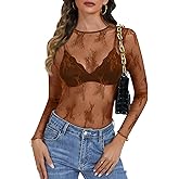 Lace Long Sleeve Tops for Women Mesh Sheer Sexy Undershirt Crew Neck Floral See Through Shirts