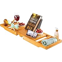 Bamboo Bathtub Tray - Expandable Bath Caddy with Wine, Book & Tablet Holder, Foldable Design - Luxurious Bathtub Accessories,