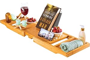 BAMBÜSI Wooden Bathtub Tray - Foldable & Expandable Bamboo Bath Tray for Tub with Wine Holder, Book & Tablet Stand - Bath Caddy Tray for Bathtub, Spa Bath Accessories for Women, Tub Tray Table