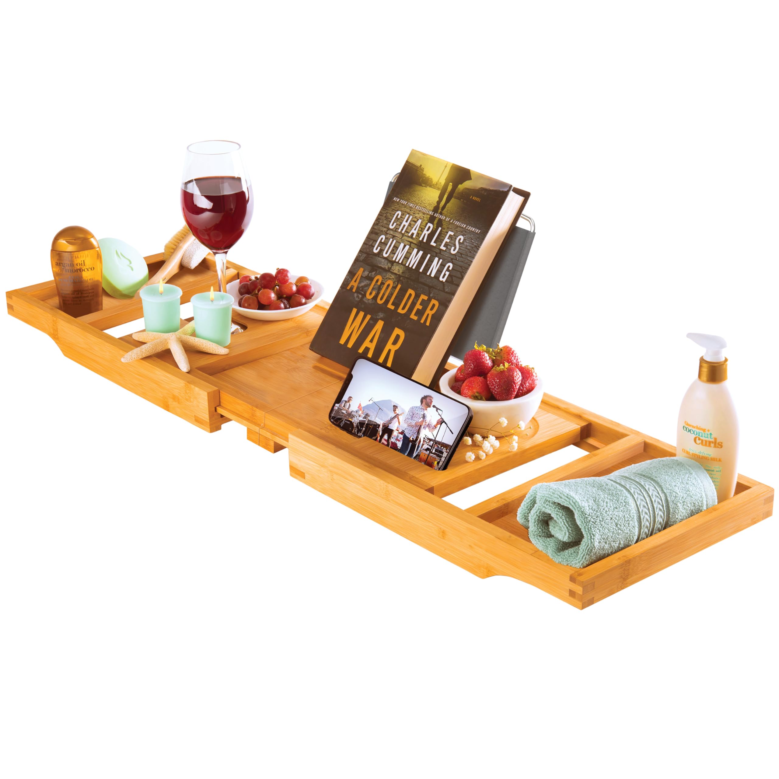 Premium Bathtub Tray Caddy - Bamboo Expandable Bath Tray - Unique House Warming Gifts, New Home, Anniversary & Wedding Gifts for Couple, Bridal Shower Gift for Women