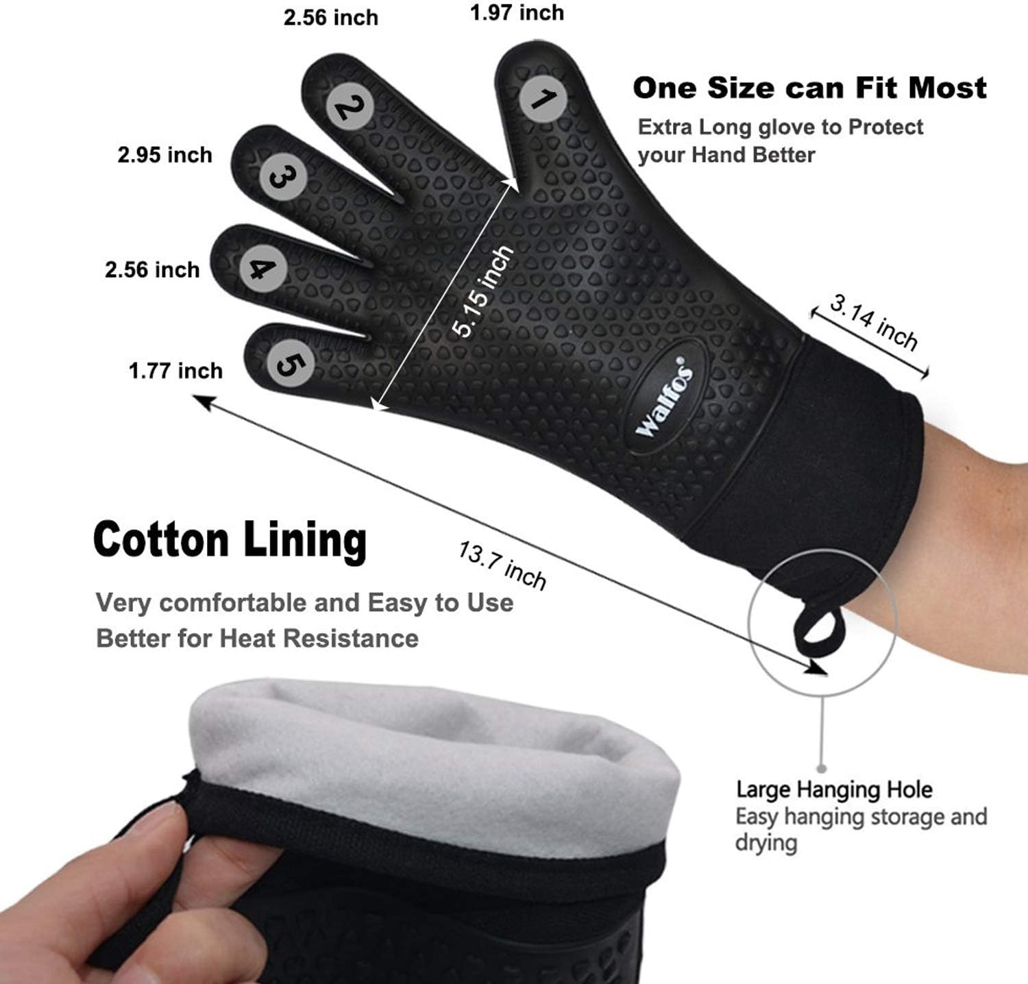 Walfos Grilling Gloves - Heat Resistant Silicone Oven Mitt, Premium Non-Slip Silicone Internal Protective Cotton Layer, Waterproof, Great for Grilling, Kitchen and Cooking (Black): Kitchen & Dining