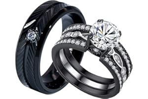 ringheart Couple Rings Black Matching Rings 1.5CT AAA CZ 2pcs Women Wedding Ring Sets for Him and Her Rings Men Band