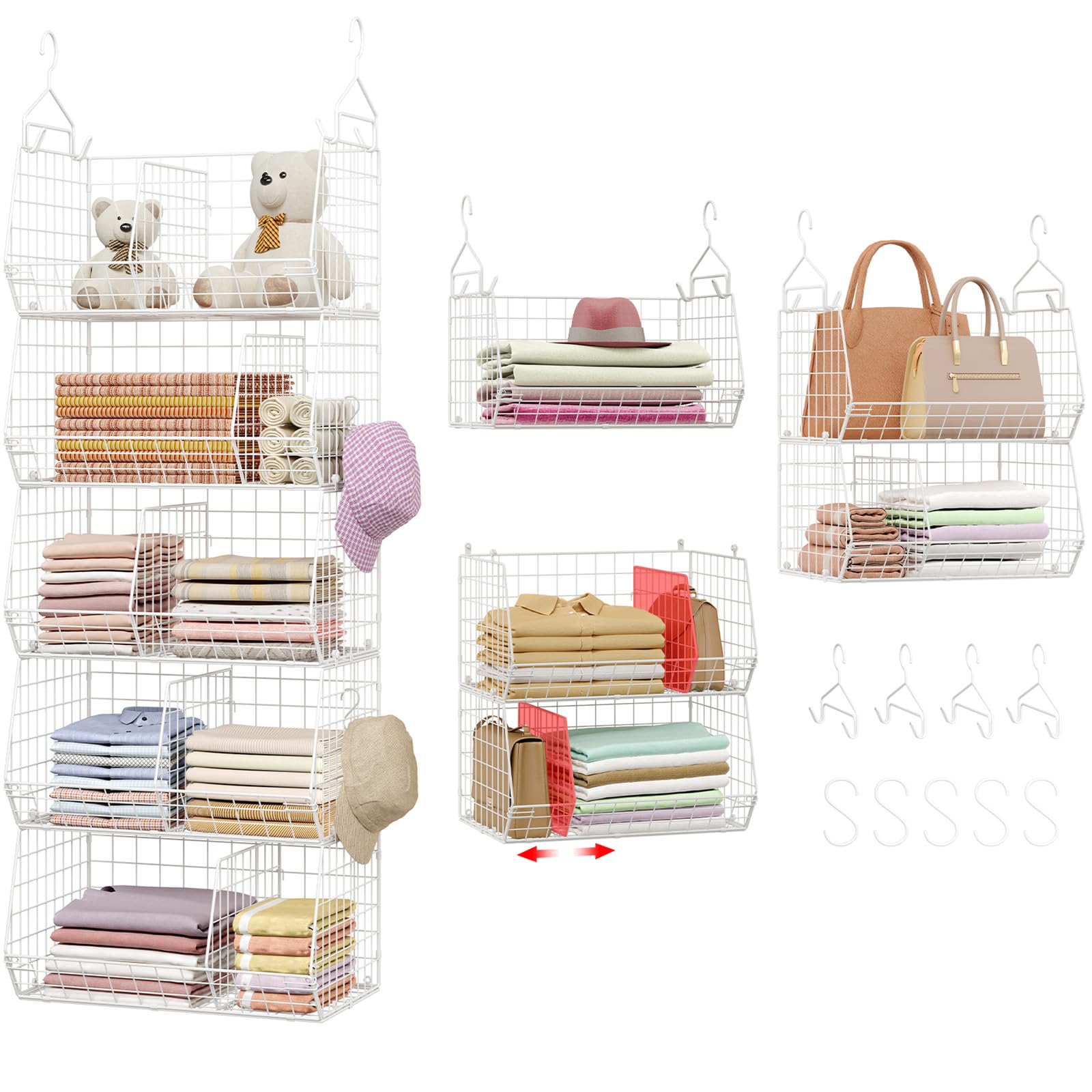 Photo 1 of 5 Tier Extra Large Closet Hanging Shelves with Divider,2 Pair Hook,16.5"L x 11.8"W x 51.4"H Closets Organizers and Storage,Clothes Organizer Clothing Sweaters Shoes Handbags Clutches Accessories-White