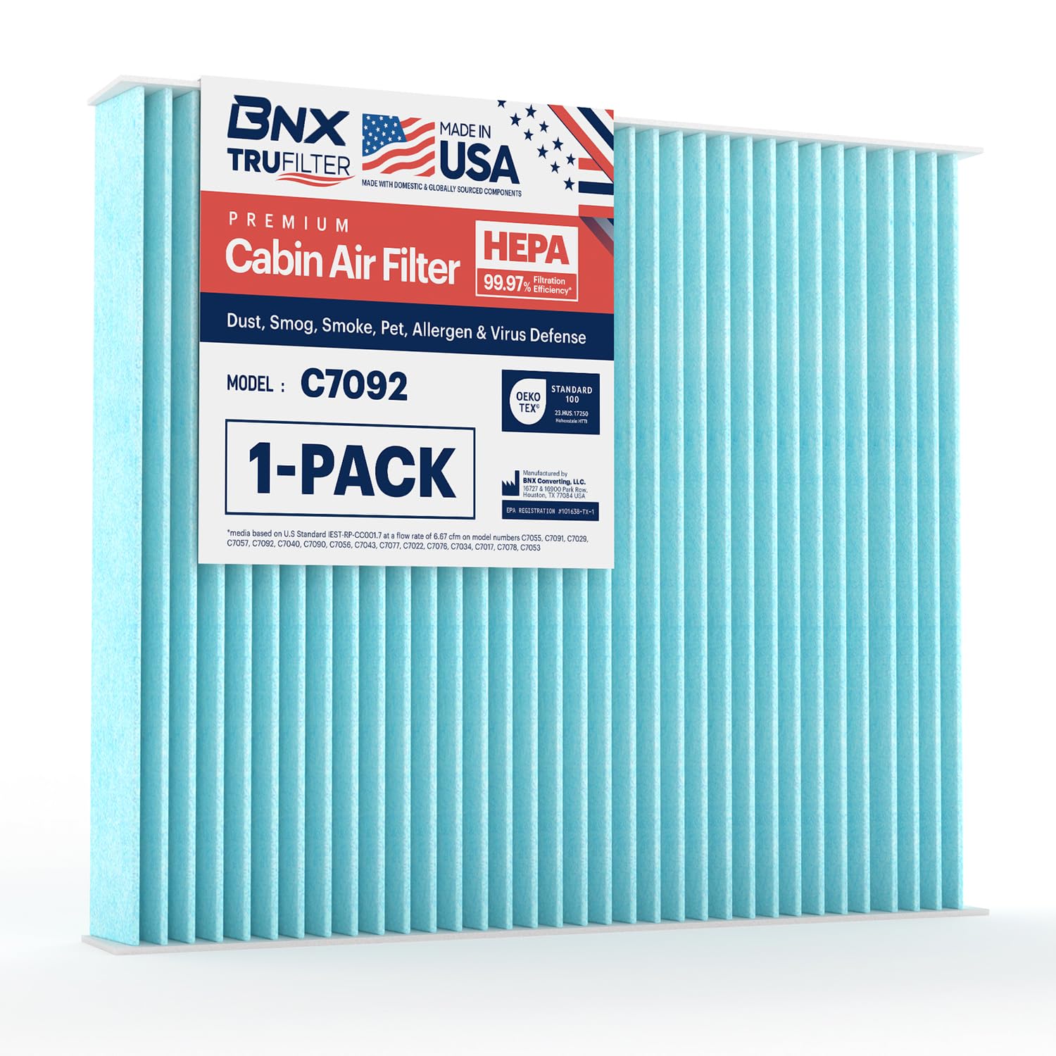 Photo 1 of BNX TruFilter C7092 Cabin Air Filter, HEPA 99.97%, MADE IN USA, Compatible with Subaru Crosstrek, Ascent, Impreza, Legacy, Outback, Toyota Prius C-HR, Prius AWD-e, Prius Prime, Corolla, RAV4, Venza