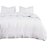 Wake In Cloud - Striped Cotton Duvet Cover Set, Ticking Stripe Vertical Pinstripe Farmhouse, 100% Washed Cotton Textured Percale Bedding Set, 3 Pieces, White, California King Size