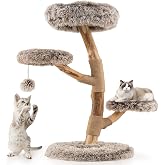 Tangkula Solid Wood Cat Tree, Multi-Level Modern Cat Tower with Scratching Posts, Cozy Top Perch, 2 Platforms, Dangling Ball, Soft Long Plush, Natural Branch Cute Cat Tree for Indoor Kittens