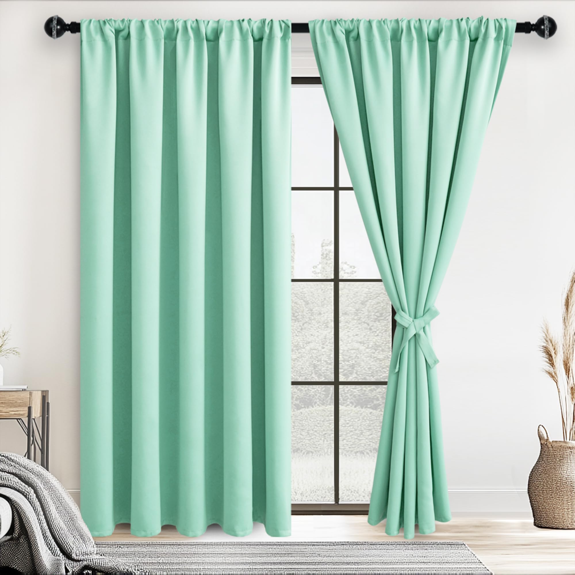 JIUZHEN Blackout Curtains for Bedroom - 60 Inch Extra Wide Thermal Insulated Room Darkening Privacy Soundproof Curtains for Living Room/Dorm Room, Set of 2 Panels, 60 x 84 inches,Mint Green Image