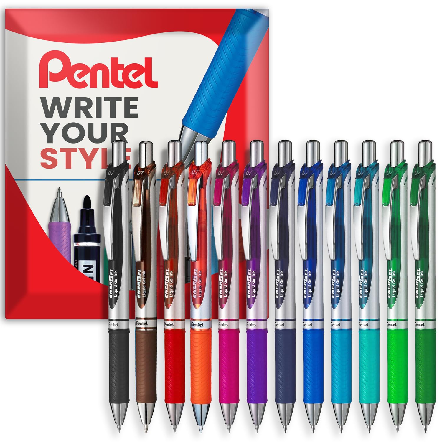 Pentel EnerGel XM BL77 - Retractable Liquid Gel Ink Pen - 0.7mm - 54% Recycled - In Envelope Gift Packaging (Mixed Pack of 12)