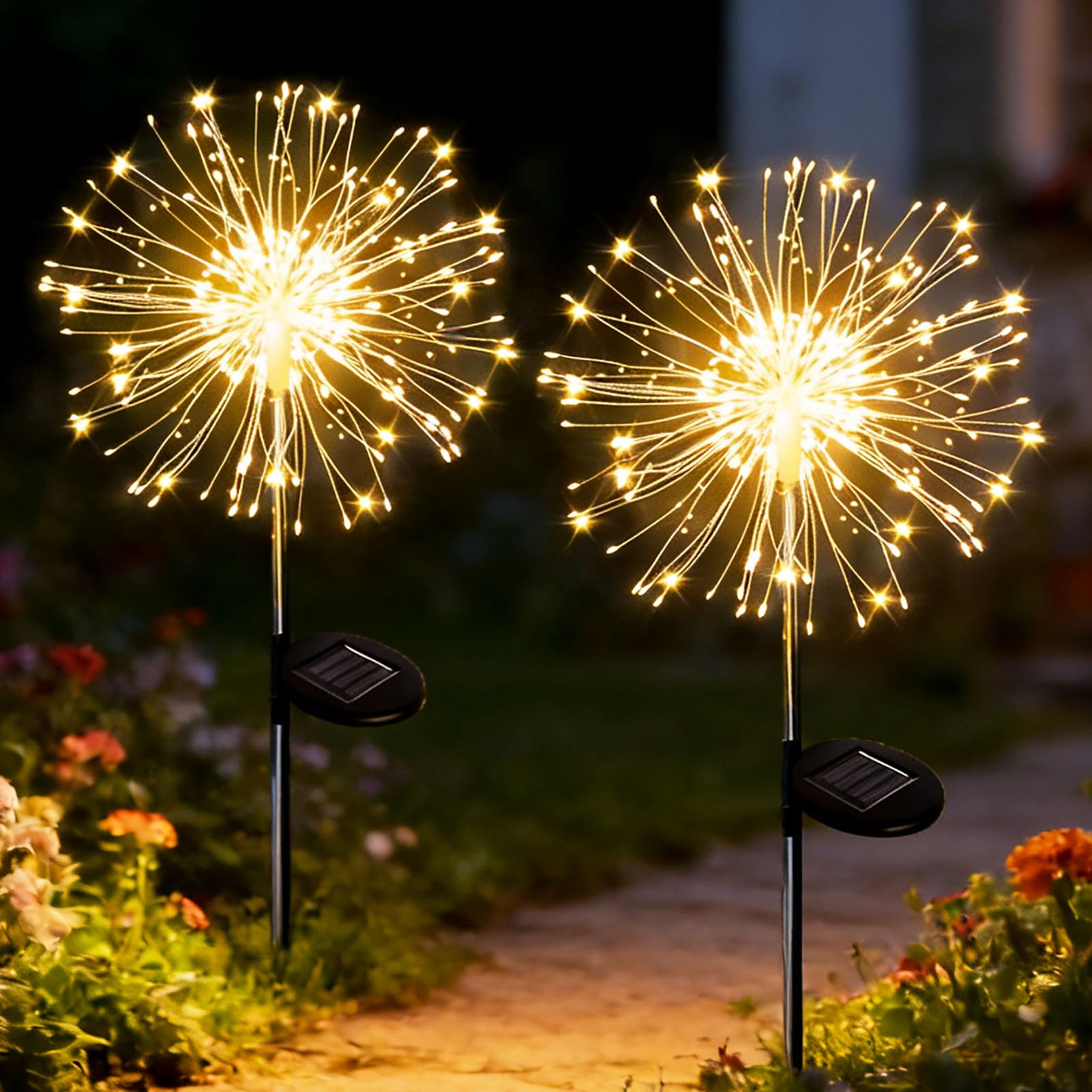 yowin Solar Lights Outdoor Garden 2 Pack 120 LED Firework Solar Stake Lights, 8 Modes Starburst Light Waterproof Garden Ornaments with Copper Wire for Pathway Balcony Patio Decorations - Warm White