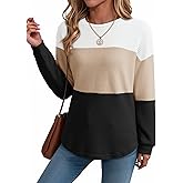 Dokotoo Womens Tops Casual Long Sleeve Waffle Knit Oversized Shirts Crewneck Color Block Pullover Sweatshirts