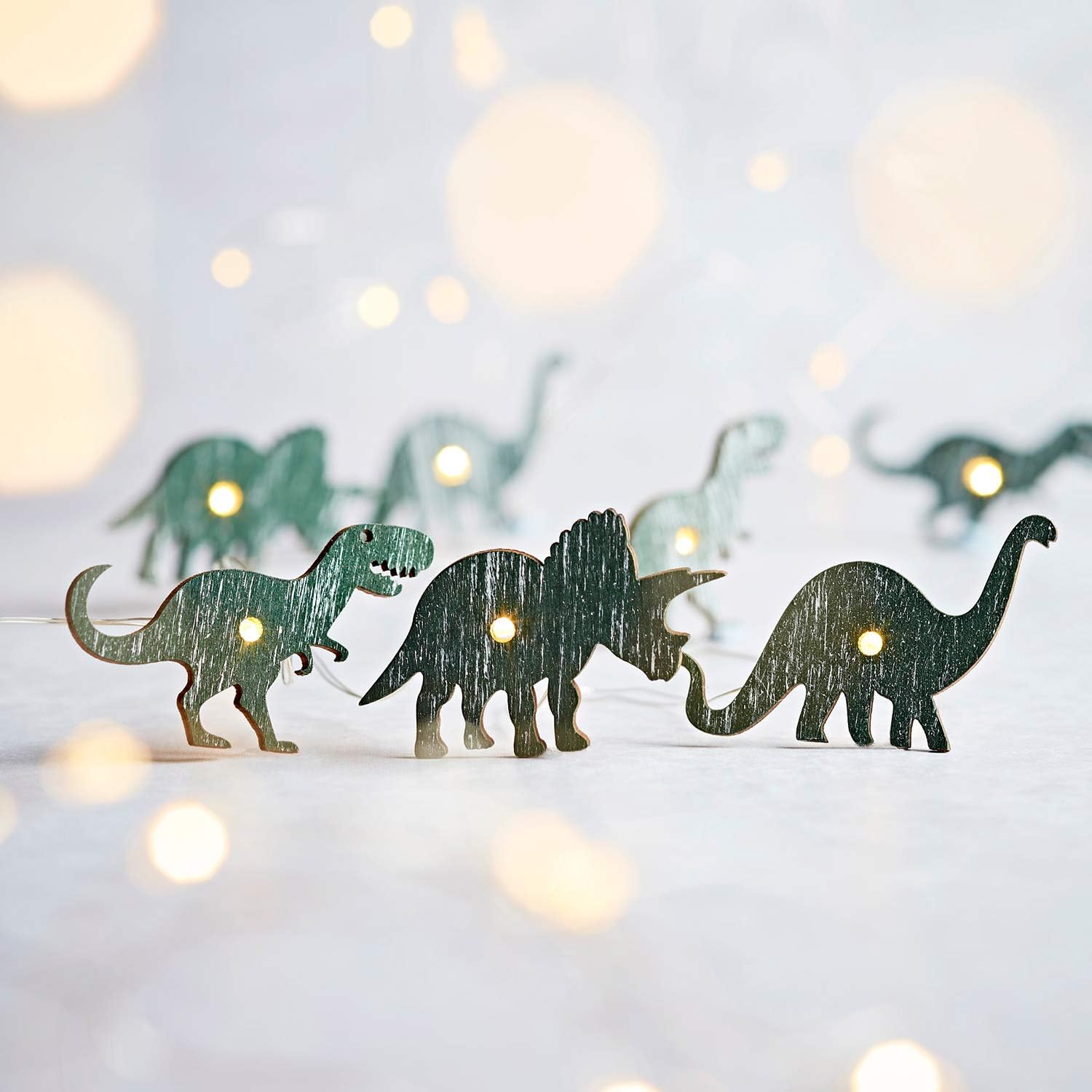 Lights4fun 20 Wooden Dinosaur String Lights Warm White Micro LED Silver