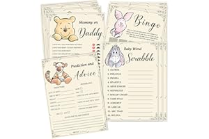 GUAWUBIANG 50Pcs Winnie Baby Shower Games, 2 Sets (25 Cards Each, 4 games) Activities Cards, Winnie Baby Shower Party Supplies, Include Baby Bingo, Prediction and Advice, Mommy's Belly, Word Scramble 4 Games