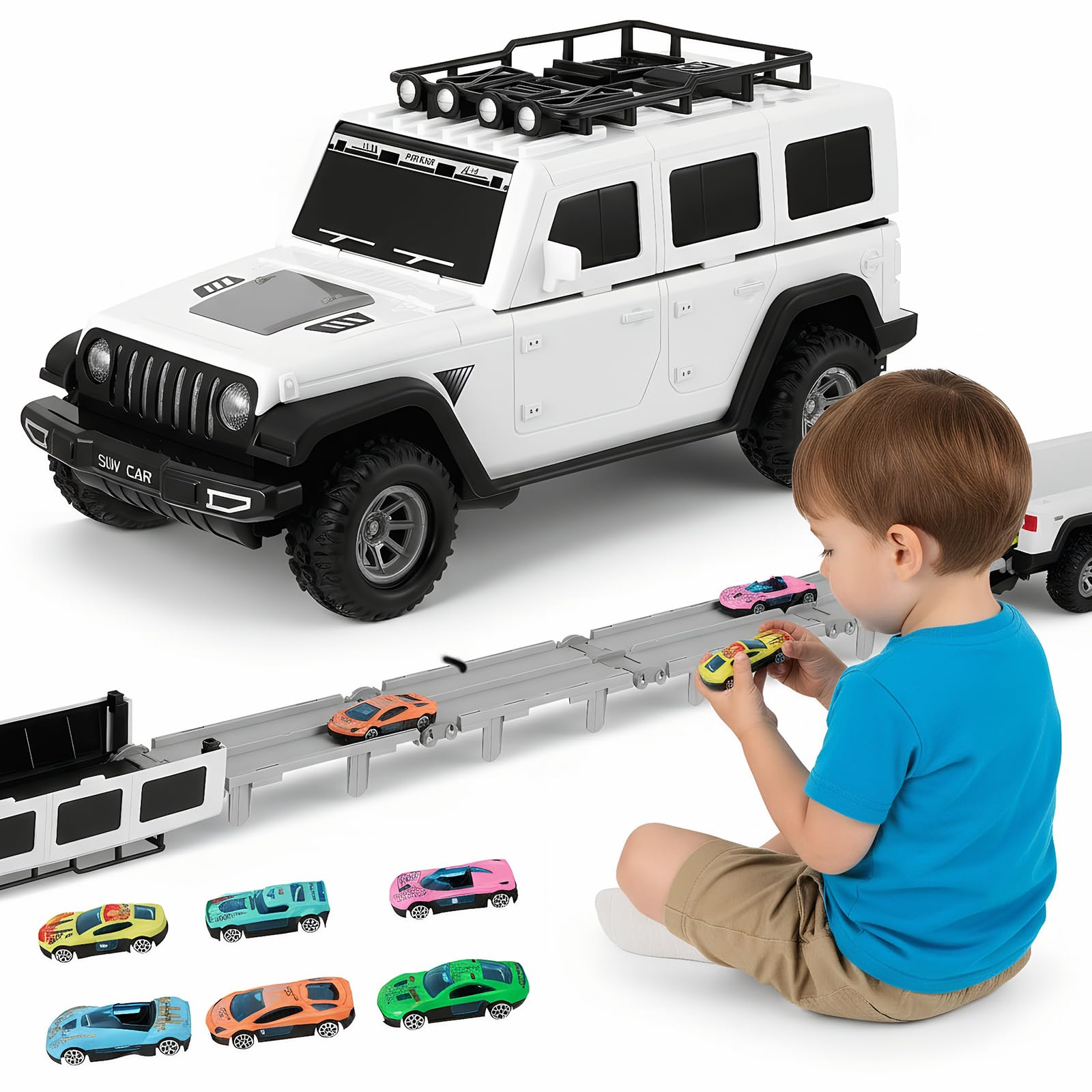 Mekturm Toddler Truck Toys with 6 Metal Race Cars (Light & Sounds),Foldable 2-Layer Carrier Truck Toy for Toddlers 3 4 5 6 7 8 Years Old, Kids Toy Truck Set Gifts for Boys Girls