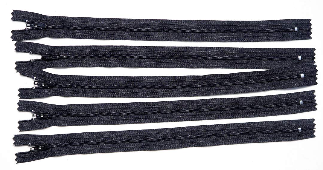 Pack of 5 YKK Nylon Black Closed end Zip 8,9,10,11,12,15,20. Size 3. (15 inch)