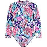 HOOBABE Kids Girls Rash Guard Long Sleeve One Piece Swimsuits Zipper Bathing Suits UPF 50+ Tropical Plant Flowers Ages 3-12