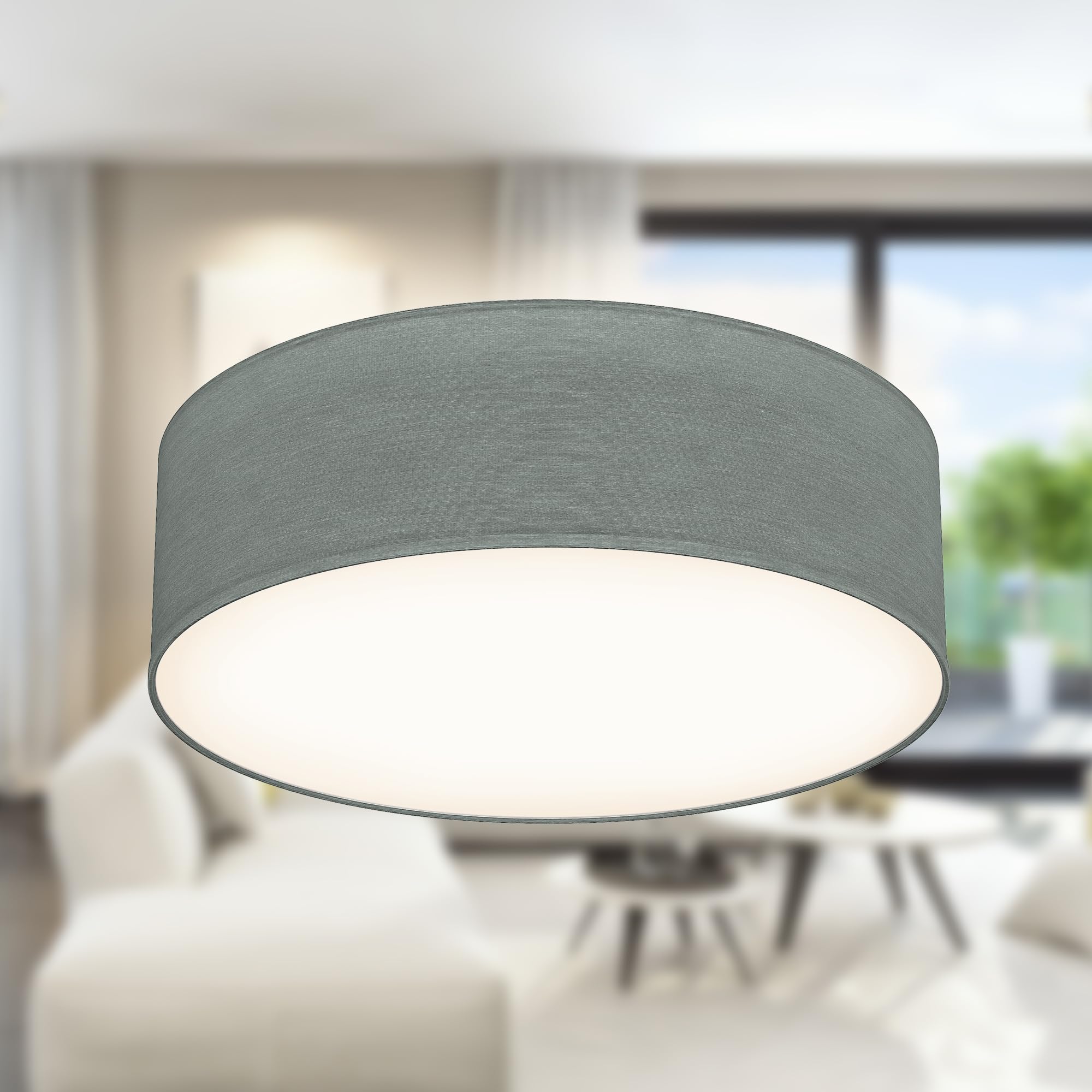 B.K.Licht - Ceiling Light with Fabric Light Shade, Flush Mount Light Fitting, E27 Socket, max. 40 watt Bulb, Livingroom, Bedroom Ceiling Lights, Hallway Lighting, Soft Light Lamp, 30x10 cm, Grey