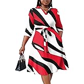 FANDEE Plus Size Midi Dress for Women - Printing Summer Dresses for Wedding Guest Cocktail Party 3/4 Sleeve V Neck（L-5XL）