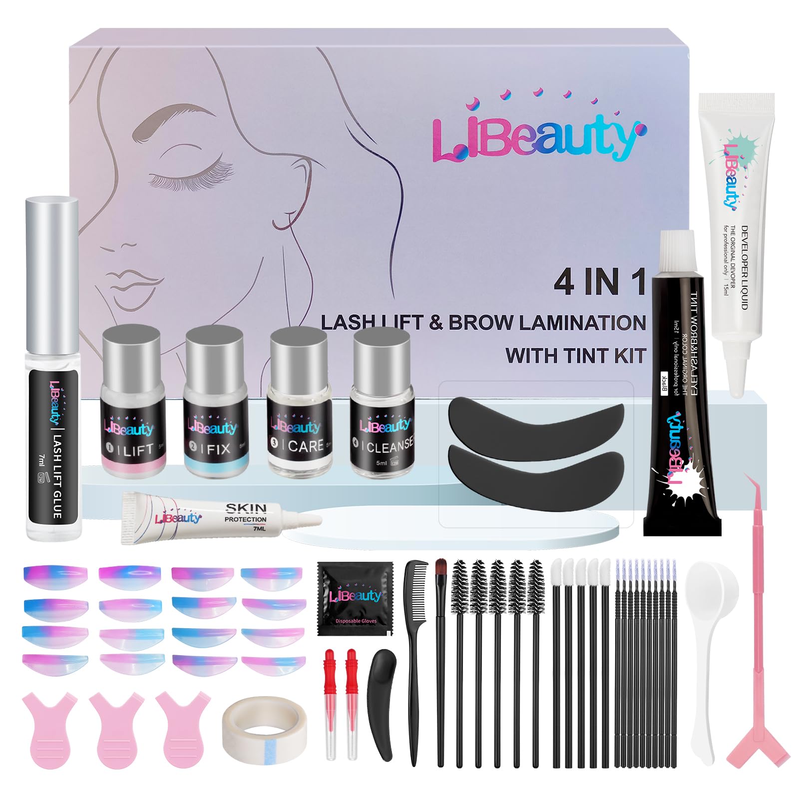 Libeauty Eyelash Lift and Tint Kit, Lash Perm Kit, 4 in 1 Eyebrow Tint Black and Lash Lift Kit, With L&c Shapes Lash Lifting Pads Suitable for Salon & Home