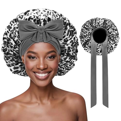Ptrin Satin Bonnet, Double-Sided Silk Bonnets for Sleeping, Night Hairs Sleep Cap with Elastic Band,Head Cover Hat for Women Girls Long, Straight, Curly Hair for Women,Leopard Grey