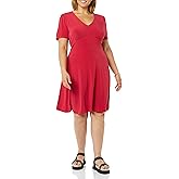 Amazon Essentials Women's Short Sleeve V-Neck Gathered Fit and Flare Dress