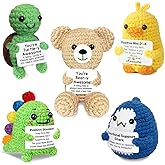 Mini Positive Crochet Animals Bulk Gifts, 5PCS Cute Emotional Support Crochet Animals Duck Crochet Doll with Message Card, Funny Knitted Turtle Small Gift Christmas Birthday Gift for Friends Coworker