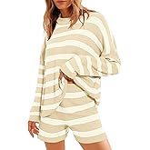 Balimtoy Women Striped Sweater Set Oversized Lounge Set Matching Pajama Sets Knit Long Sleeve 2 Piece Shorts Fall Outfits