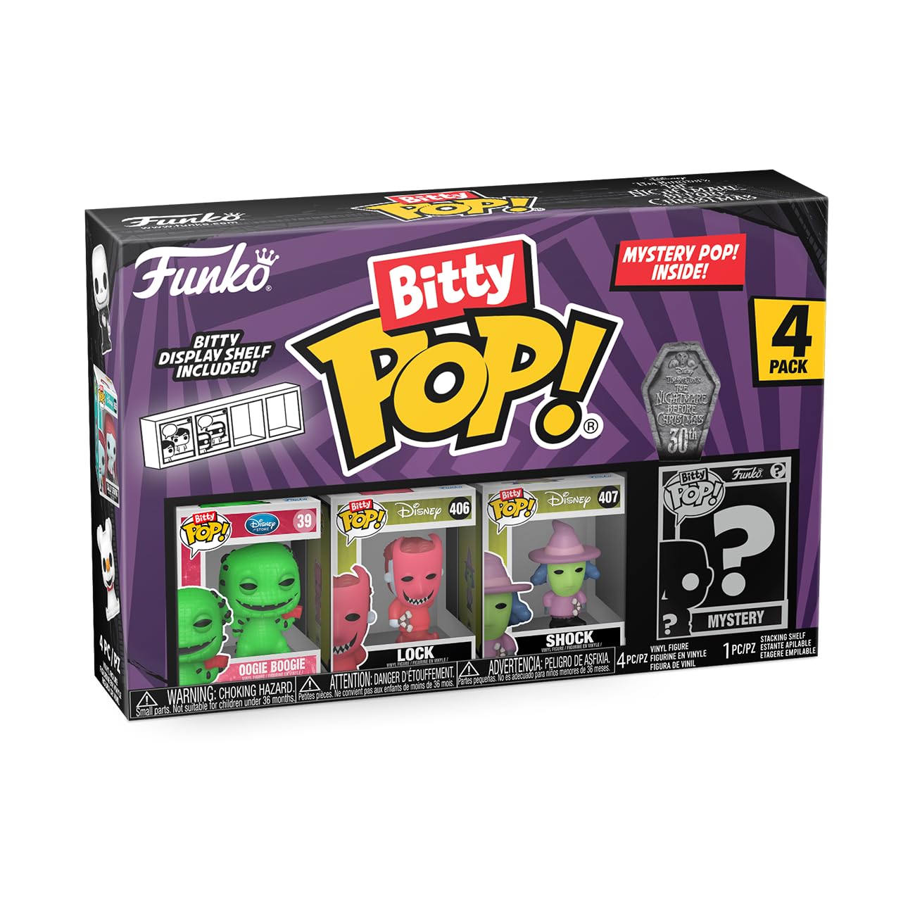 Funko Bitty Pop The Nightmare Before Christmas - Oogie Boogie 4PK - Oogie Boogie, Lock, Shock and A Surprise Mystery Mini Figure - 0.9 Inch (2.2 Cm) Collectable - Stackable Display Shelf Included