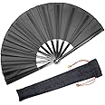 OMyTea Large Rave Clack Fan for Line Dancing - Boots on The Ground Folding Hand Fan - Foldable Chinese Tai Chi Kung Fu Fan - for EDM, Music Festival, Hot Flashes, Party, Decoration (Black)