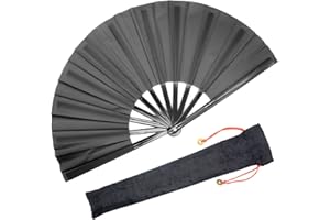 OMyTea Large Rave Folding Hand Fan for Men/Women - Chinese Japanese Kung Fu Tai Chi Handheld Fan with Fabric Case - for EDM, Music Festival, Club, Event, Party, Dance, Performance, Decoration (Black)