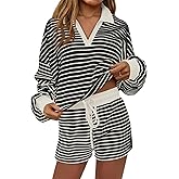 Tankaneo Womens Striped 2 Piece Outfits Casual Sweatshirt short Set Long Sleeve Workout Set Matching Lounge Sets