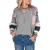 EVALESS Boho Tops for Women Dressy Casual Spring 3/4 Length Sleeve Crewneck Patchwork Striped Oversized Blouses Shirts
