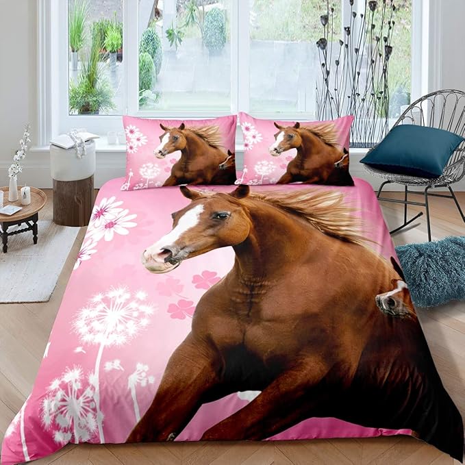 Girly Horse Comforter Cover Twin Size for Kids Teens,Girls Galloping