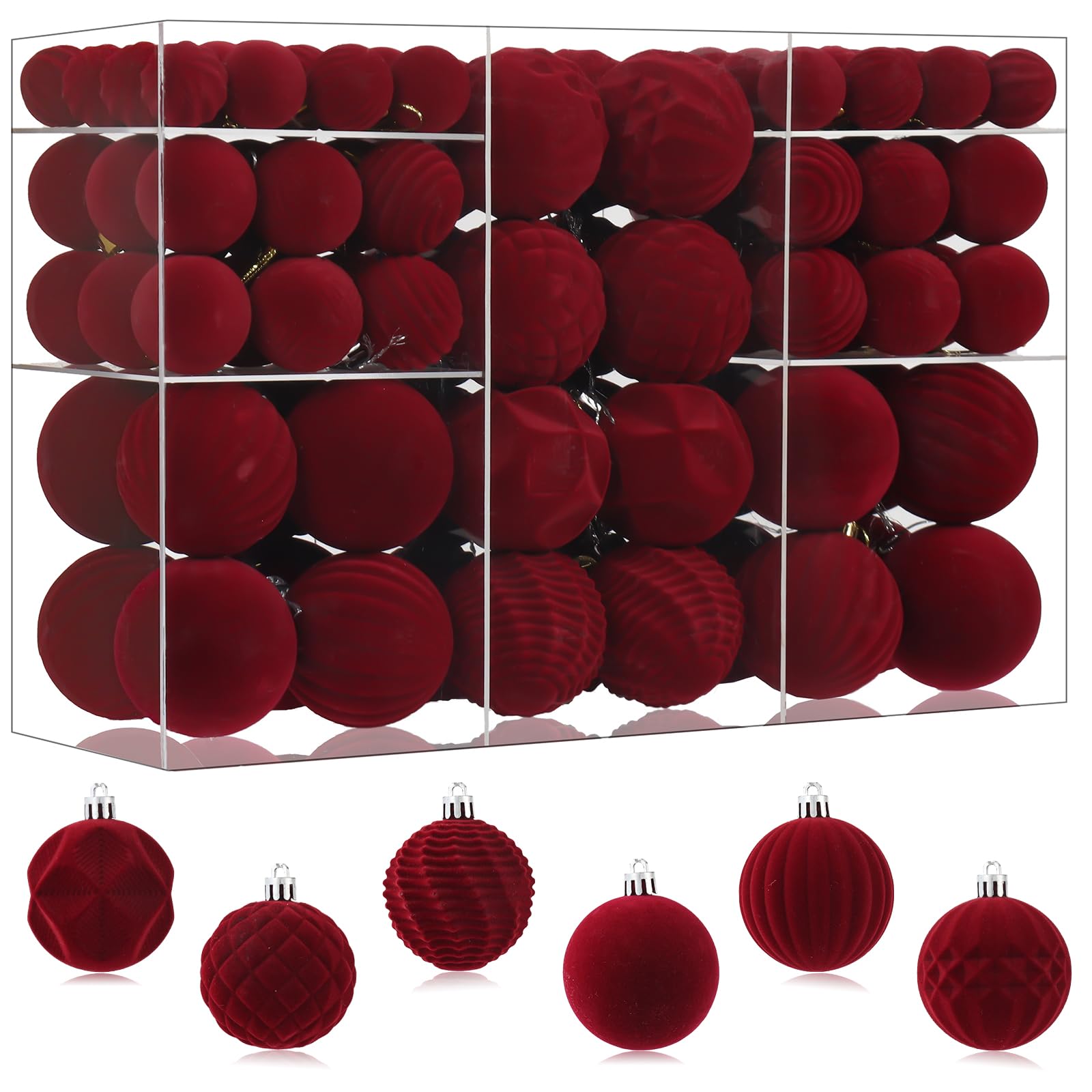 Photo 1 of 100PCS Burgundy Velvet Christmas Ornaments Set, Shatterproof Flocked Christmas Balls Decorations Bulk, Christmas Hanging Ball Velvet Ornaments for Christmas Trees Festival Party Decor (Burgundy)