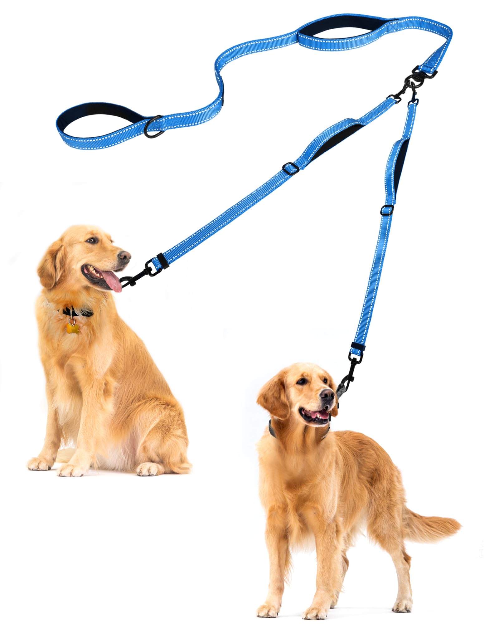 PetBonus Double Dog Leash, No Tangle Dual Leash, Reflective Walking Training Lead, 4 Comfortable Padded Handles for 2 Dogs with Collapsible Bowl and Waste Bags (Light Blue, Large)