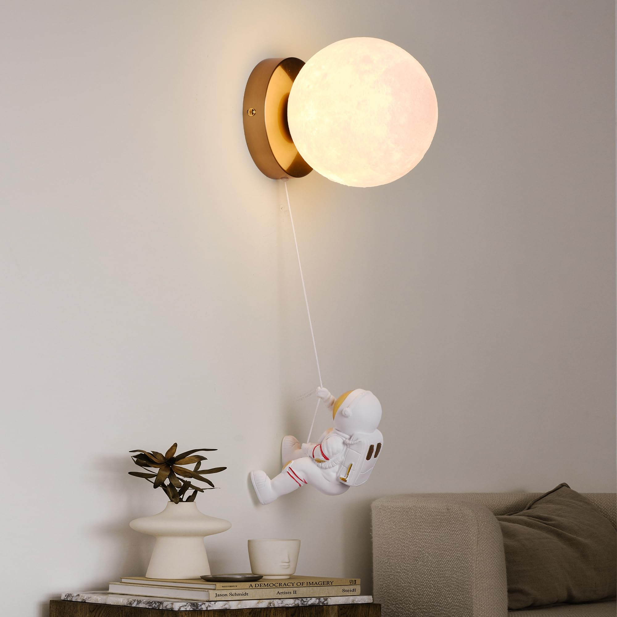 Photo 1 of ATALUZ Cute Moon & Astronaut Wall Sconce - Modern Cordless 3D Printed Wall Light for Kids Room, Bedroom, Living Room with Brass Mount | 5.9" Moon Shade & 15cm Astronaut | G9 Lamp Base