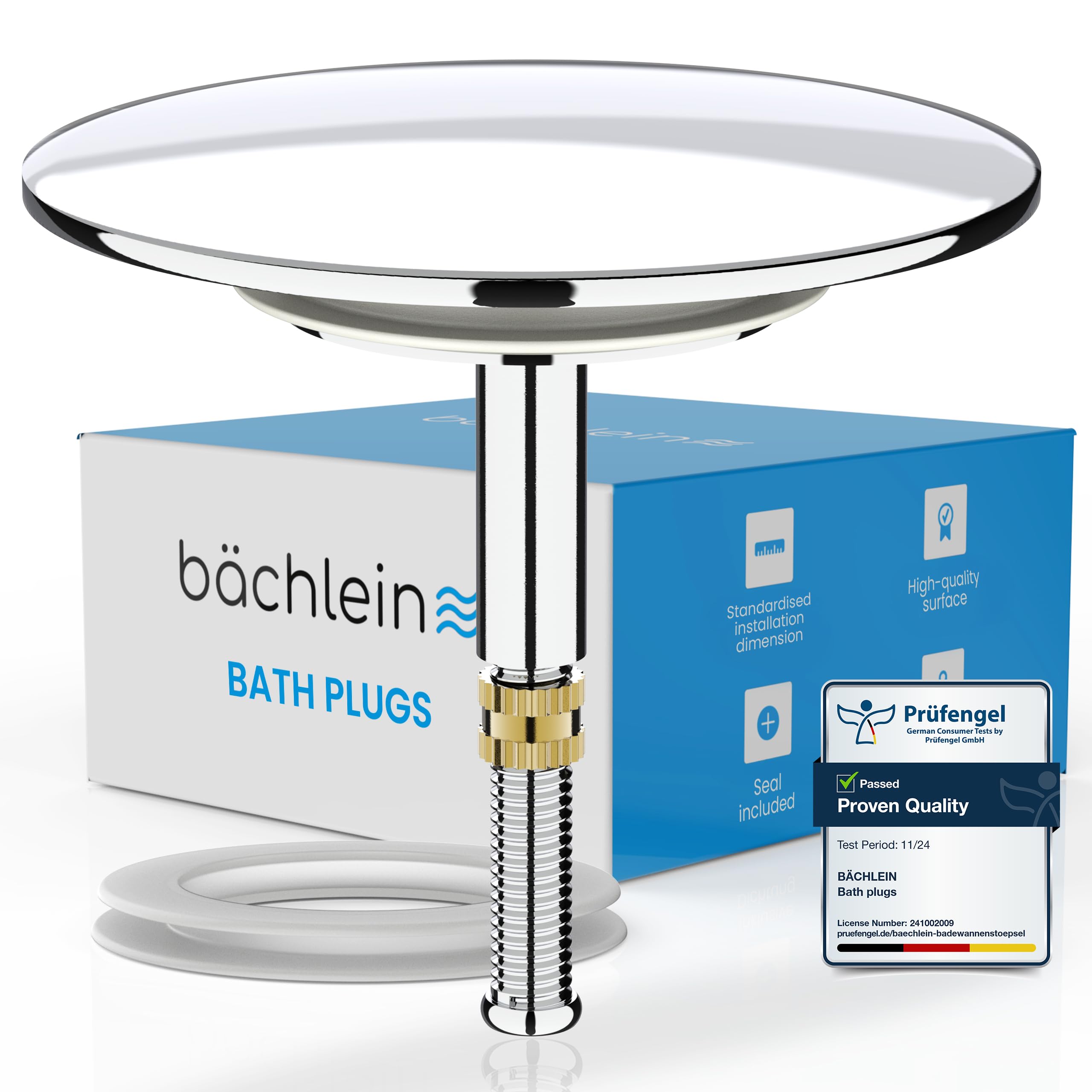 Bächlein Bath Plug - Chrome Drain Plug Made of Solid Brass incl. Replacement Seal, Drain Set for Most Standard BathTubs - Drain Set Fits Precisely