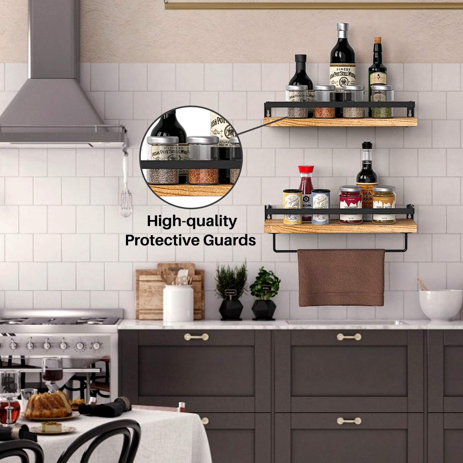 Amada Rustic Floating Shelves Wall Mounted, Solid Paulownia Wood Set of 2 for Kitchen, Bathroom, and Bedroom, Decorative Storage Shelf with Removable Towel Holder, Strong Black Metal Frame: Furniture & Decor