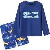 Ewbob Boy 2 Pieces Rash Guard Sun Protection Long Sleeve Boy Swimsuit 3-12Y | Boys Swim Set,Kids Swimsuits,Boys Swimwear,Quick Dry,Bathing Suit,Boys Swim Suit,Swim Shirt with Swim Trunks,UPF 30+