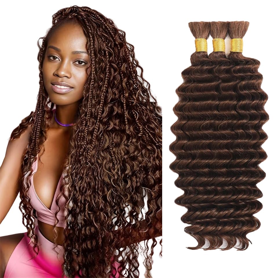 Photo 1 of #4 Brown Human Braiding Hair Deep Wave Bulk 26 26 26 Inch Unprocessed Brazilian Virgin Hair Chocolate Brown Deep Curly Braiding Hair Extensions 3 Bundle 50 Gram Per Bundle