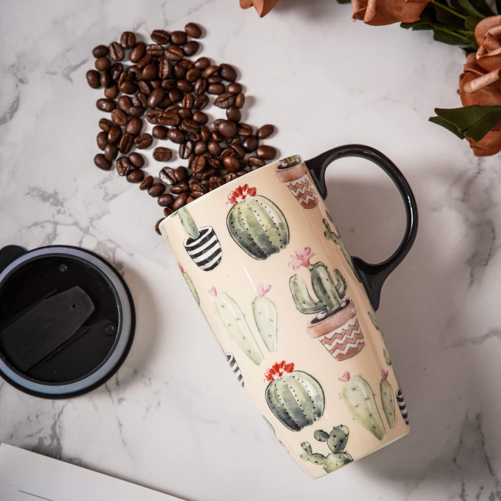 DUSVALLY Ceramic Mug Large Coffee Mug Tall Cups Porcelain Latte Coffee Cup with Lid 17oz,Cactus