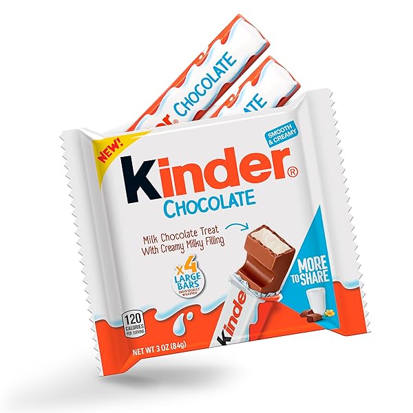 KINDER CHOCOLATE, 4 LARGE BARS, MILK CHOCOLATE BAR WITH CREAMY MILKY FILLING, INDIVIDUALLY WRAPPED CANDY, 3 OZ TOTAL