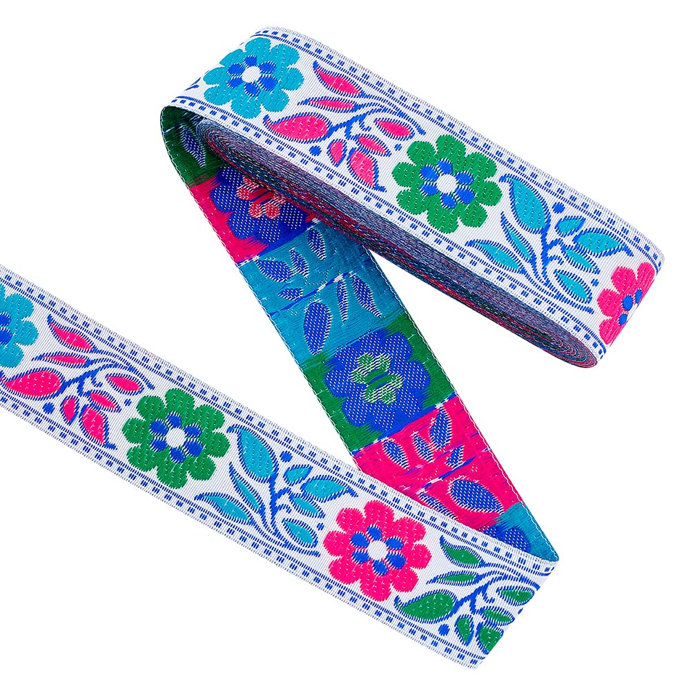FINGERINSPIRE 7m Colorful Flower Pattern Jacquard Ribbon 34mm Wide Ethnic Style Embroidery Polyester Ribbons Bright Pink Blue Green Floral Woven Jacquard Band for Sewing Craft Decoration