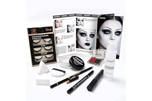 CAHOTO Halloween Goth SFX Makeup Kit, Complete Gothic Makeup Set Include White Liquid Foundation, Eyeliner, Setting Powder, Eyeshadow & Black Lipstick for Halloween Cosplay, Carnival, Theater