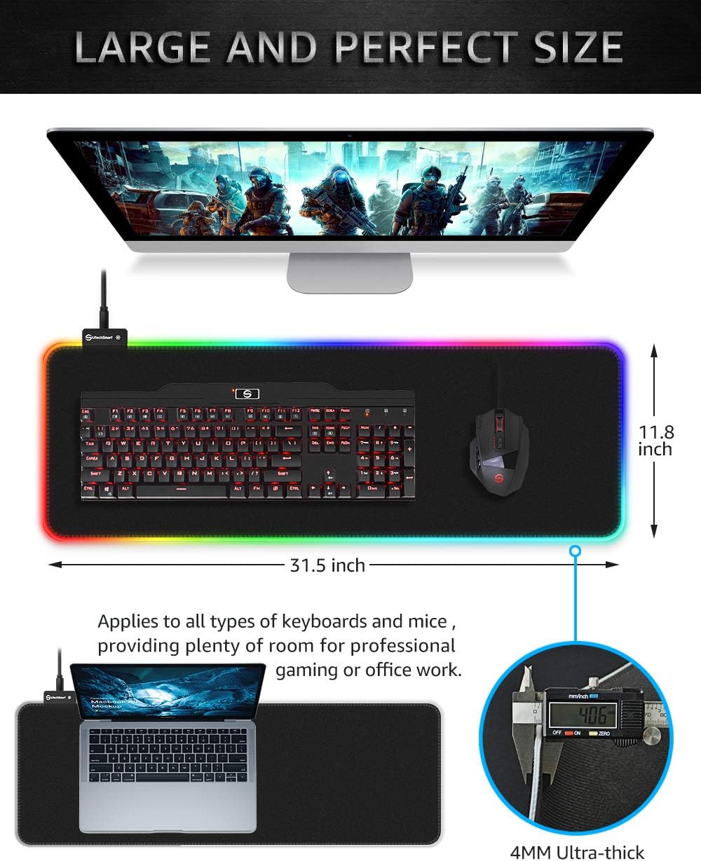 RGB Gaming Mouse Pad, UtechSmart Large Extended Soft Led Mouse Pad with 14 Lighting Modes 2 Brightness Levels, Computer Keyboard Mousepads Mat 800 x 300mm / 31.5×11.8 inches: Electronics