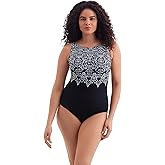 Longitude by Mimi Flamingo Women's Swimwear Women's Garland Edge Scoopback Highneck Tank One Piece Swimsuit, Black/White, 10