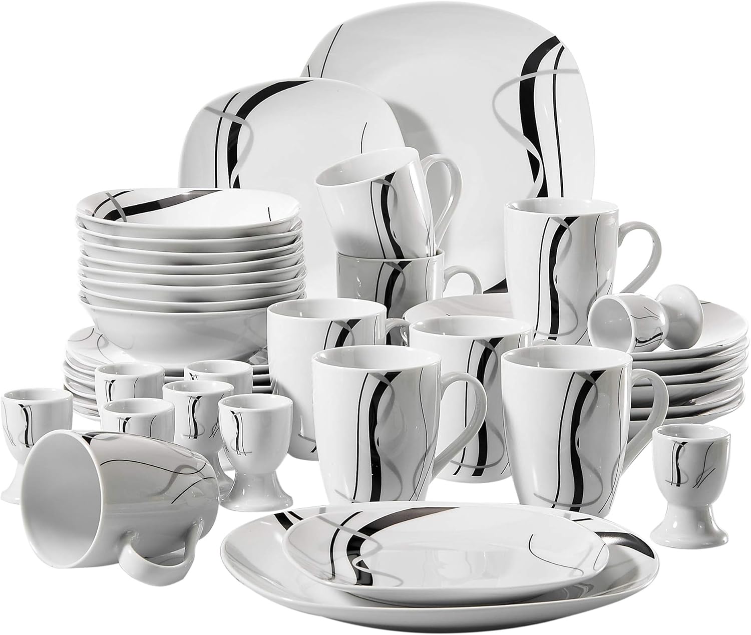 VEWEET 'Fiona' 40Piece Ivory White Black Lines Porcelain Dinner CombiSet with 8 * Egg Cup, 8